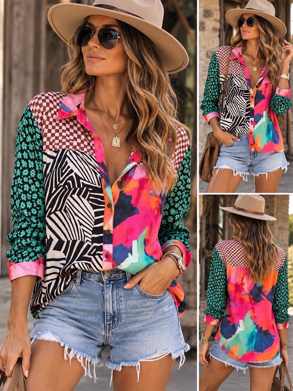 Maeve x Anthropologie Paz Mixed-Print Long Sleeve Button-Down Shirt Multi Large